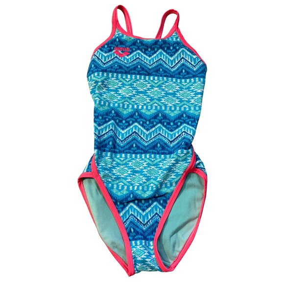 Arena Girls One-Piece Swimsuit Small Size 7 Chevron Print Blue & Pink Made In Ja - Picture 1 of 3